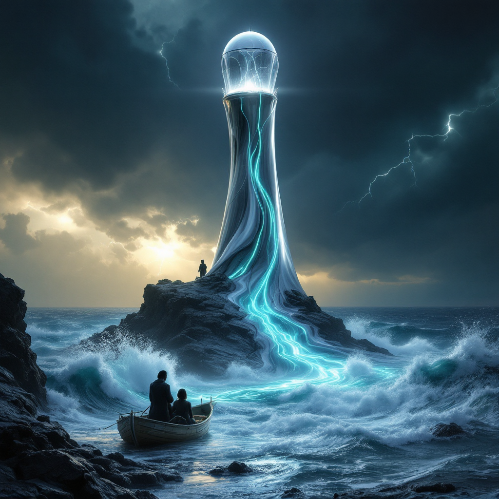 A glowing lighthouse amid stormy seas illuminates the dark waters, symbolizing hope and guidance for those feeling lost, as a small boat navigates the turbulent waves nearby.