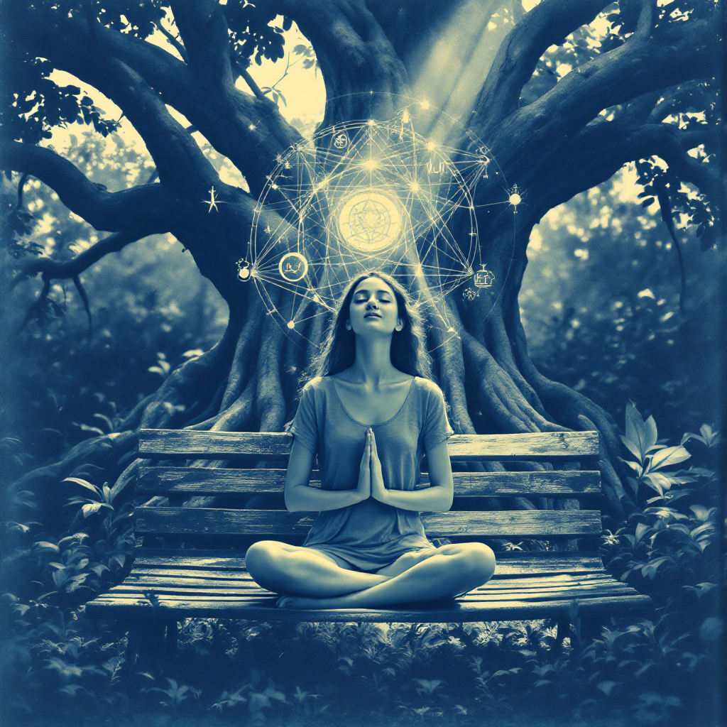 A serene figure sits cross-legged on a bench beneath a large tree, eyes closed in meditation, with a luminous geometric pattern radiating from above, symbolizing unity and knowledge.