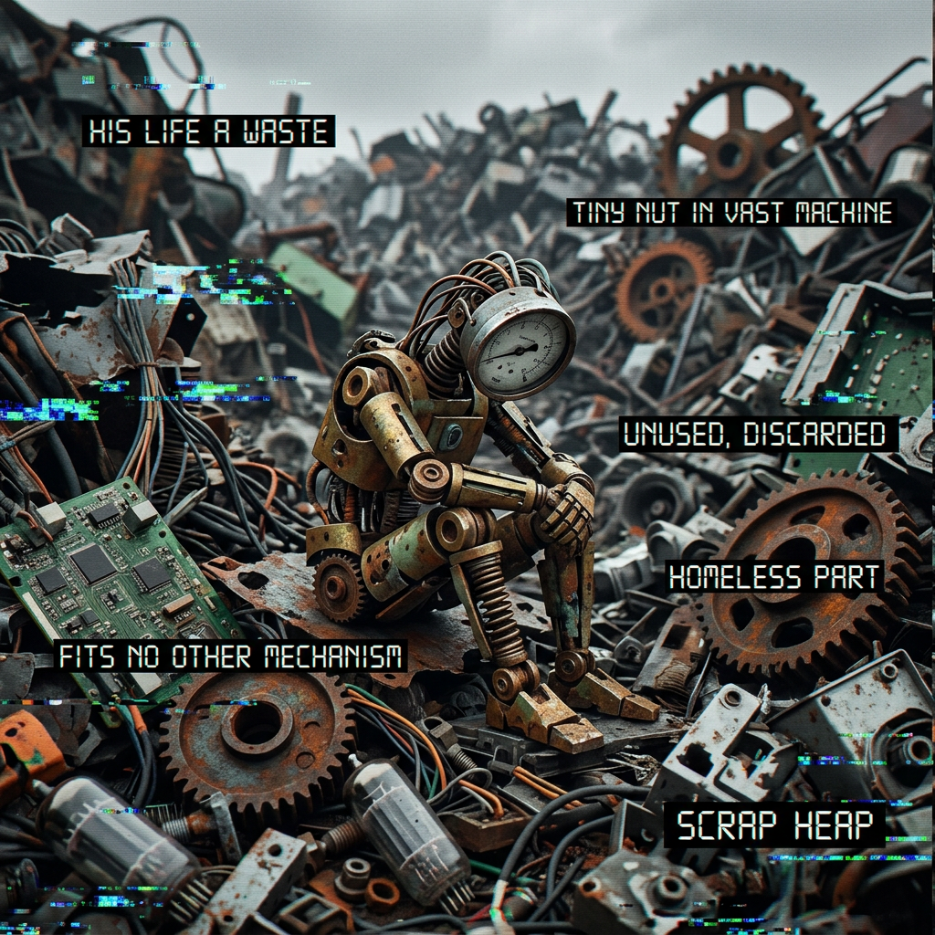 A small, worn robot sits alone amid a vast scrap heap of broken gears and machines, embodying a discarded, homeless part that no longer fits any mechanism.