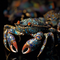 A stunning jeweled crab with intricate, shimmering patterns on its shell and claws, reflecting various vivid colors, captures the essence of scintillating jeweled scuttling crabs from the book quote.