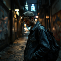 A young man in a dark alley stands with a thoughtful expression, wearing a denim jacket and cap, surrounded by graffiti and faint city lights in the background.