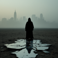 A figure in a dark cloak stands on cracked, reflective glass, gazing at a foggy city skyline, embodying the quote about failure as the universe's redirection.