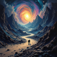 A swirling cosmic vortex illuminates a rocky landscape, as two figures journey along a winding path, embodying the disorienting vastness of the universe.