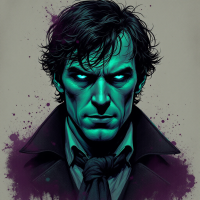 A confident figure with striking blue-tinted skin and intense eyes, embodying the untouchable essence of Holmes in his final moments, surrounded by splashes of deep purple.