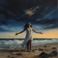 A woman in a flowing white dress stands on a beach, arms outstretched towards a dramatic sky, embodying empowerment and self-worth in a moment of realization.