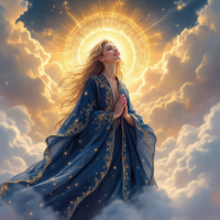 A serene figure in a flowing robe stands with hands clasped, surrounded by radiant clouds and a glowing halo, embodying the essence of destiny and divine connection.