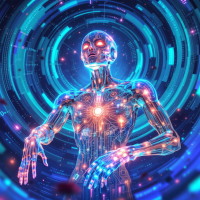 A glowing, futuristic figure with intricate circuitry and vibrant lights embodies the concept of individuality within a digital system, reflecting the quote, You can’t fight the system, the system is you.