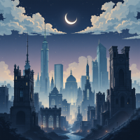 A serene cityscape at dusk, blending ancient architecture with modern skyscrapers under a crescent moon, evoking the closeness of past and present.