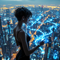 A figure stands on a high-rise balcony, gazing at a futuristic city illuminated by blue lights, while futuristic energy arcs swirl around their hands, embodying the struggle of choosing in a foreseen future.