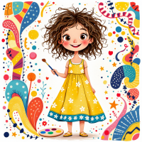 A cheerful girl with curly hair stands in a bright yellow dress amidst colorful, whimsical patterns, holding a paintbrush, embodying the spirit of changing lives through creativity.