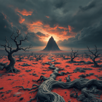 A desolate landscape features twisted, bare trees and a striking mountain against a fiery sky, reflecting inner turmoil and emotions, echoing the quote about the world as a mirror of feelings.