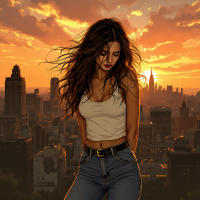 A woman stands against a vibrant sunset over a city skyline, her hair windswept. The scene captures the beauty and complexity of love, embodying its thrilling unpredictability.