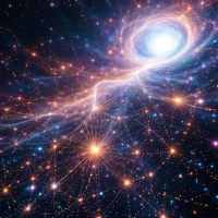 A cosmic scene featuring vibrant stars and swirling galaxies interconnected by luminous strands, illustrating the theme that everything is connected, even when apart.