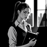 A confident woman in black and white stands in a dimly lit room, holding a locked book, embodying the idea that preparation meets opportunity amidst a cityscape backdrop.