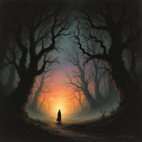 A solitary figure stands at the center of a dimly lit forest, surrounded by gnarled trees, as a warm glow from the horizon contrasts the dark surroundings, embodying the quote about self-set limits.