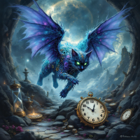 A mystical cat with vibrant blue wings soars through a shadowy cave, surrounded by clock faces and hourglasses, embodying the essence of a predator in pursuit of time.