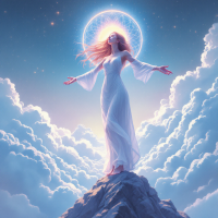 A serene figure in a flowing white dress stands triumphantly on a rocky peak, arms outstretched, surrounded by ethereal clouds and a glowing halo, embodying grace under pressure.