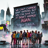 A diverse group of young people stands confidently in front of a neon-lit billboard displaying the quote, We can't change what happened, but we can make sure it doesn’t happen again.