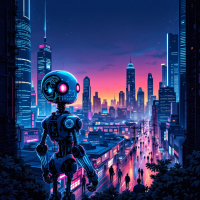 A futuristic cityscape at dusk, featuring a robot with glowing eyes overlooking bustling streets, encapsulating the essence of feeling amid mechanical existence.