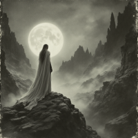 A figure in a flowing white cloak stands atop a rocky outcrop, gazing at a luminous full moon amidst misty mountains, evoking themes of inevitability from the quote about the Valar and Elves.