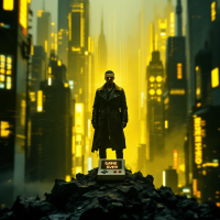 A figure in a long coat stands atop a rocky outcrop in a futuristic city, illuminated by glowing yellow lights. The base reads GAME OVER, emphasizing the divide between game and noise.