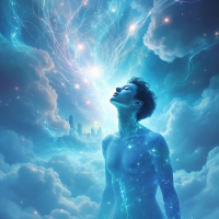 A serene figure stands amidst ethereal clouds, with cosmic light radiating from their head, embodying the joyful awareness highlighted in the quote about life.