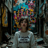 A girl sits amid a dilapidated alley adorned with vibrant graffiti, wearing a shirt that reads Je suis prête à tout faire pour créer, embodying the spirit of taking bold actions to achieve dreams.