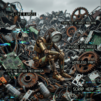 A small, worn robot sits alone amid a vast scrap heap of broken gears and machines, embodying a discarded, homeless part that no longer fits any mechanism.