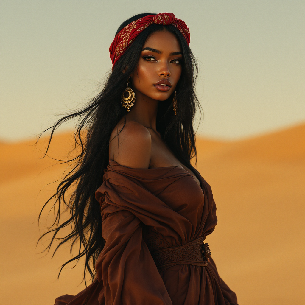 A slim, darkish humanoid figure with long black hair, a full mouth, an unusual nose, and brown eyes wears a red headscarf and a flowing silky brown dress. The backdrop is a sandy landscape.