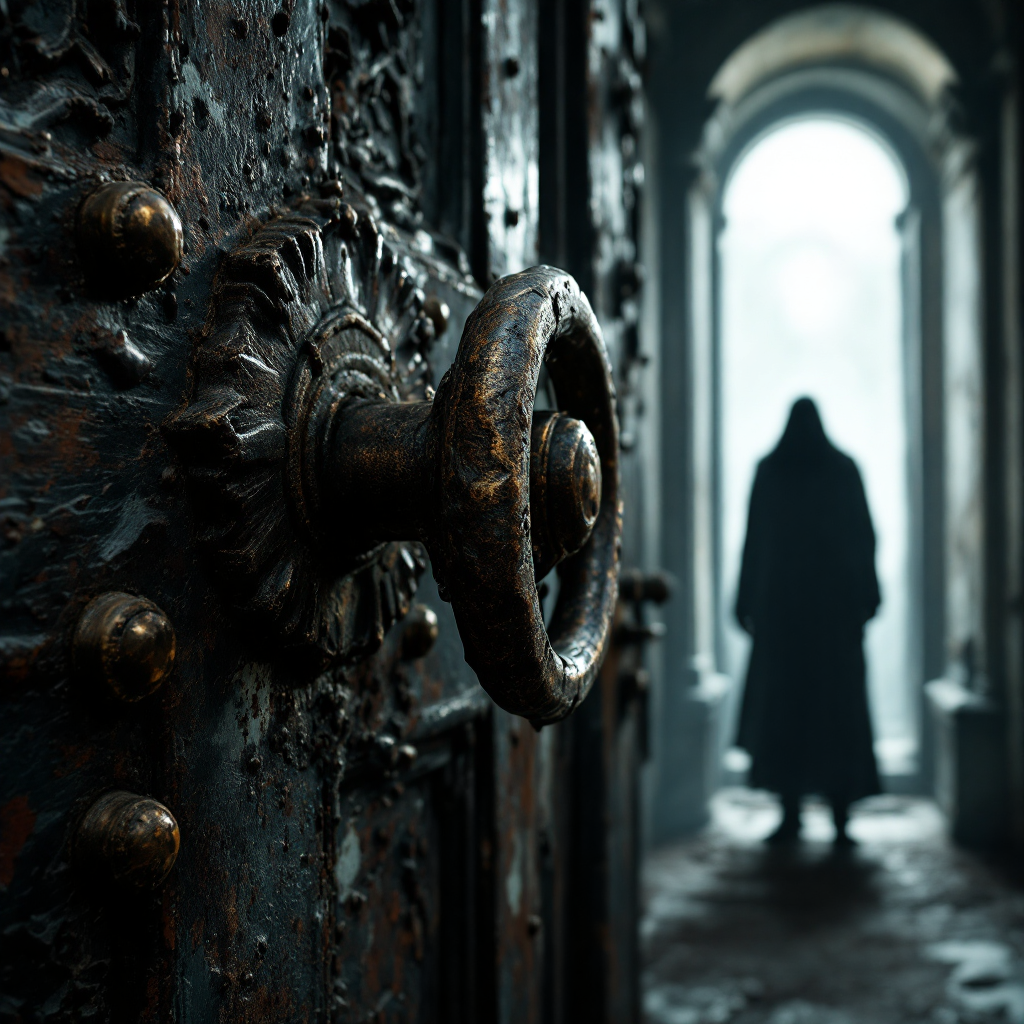 A dark, aged door stands slightly ajar with a large, ornate handle. In the misty background, a cloaked figure emerges, symbolizing the unlocking of the soul and transformation.