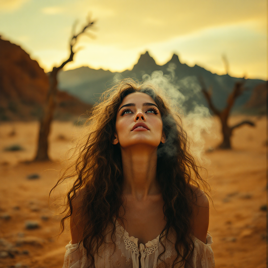 A woman with flowing hair gazes upward in a desert landscape at sunset, embodying love and connection, with soft smoke swirling around her in a serene atmosphere.