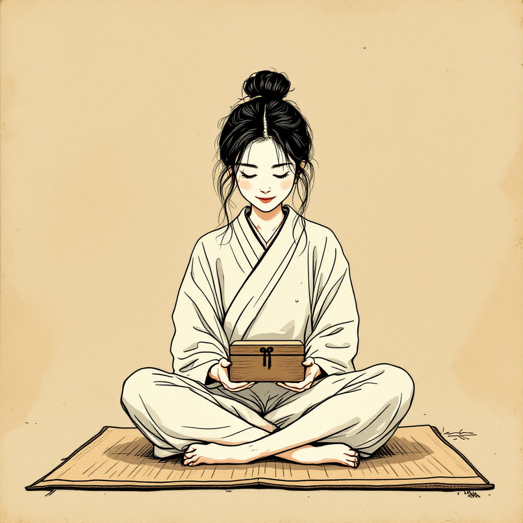 A serene woman in traditional attire sits cross-legged on a mat, holding a small box, embodying the quest for knowledge and the journey toward discovering truth.