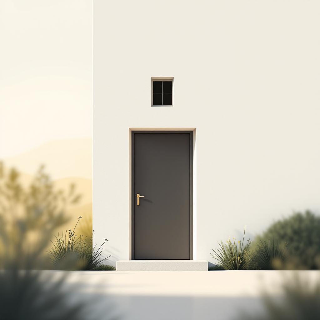 A simple, modern house facade featuring a dark front door and a small window above, surrounded by soft greenery, illustrating the metaphor of exploring what lies within.