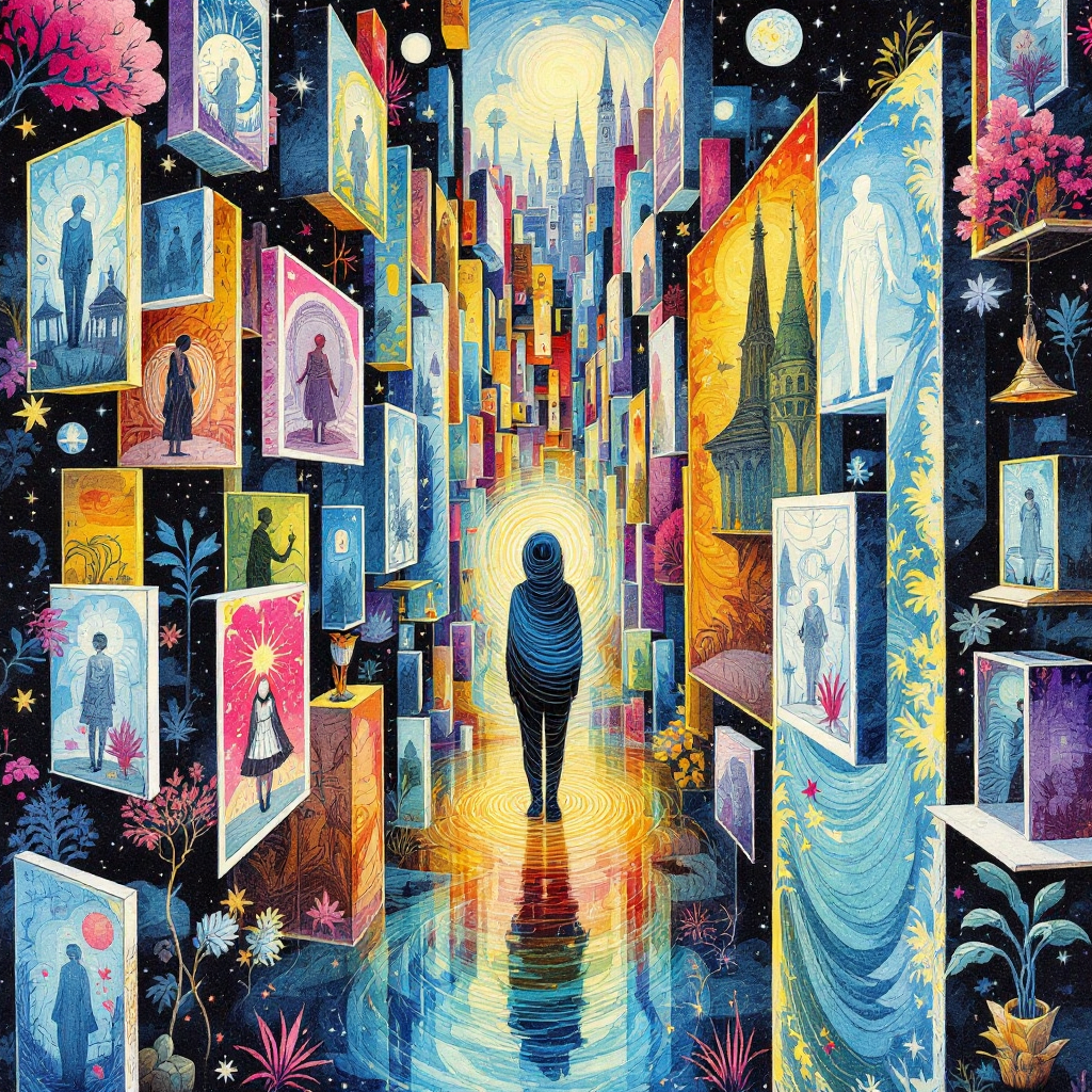 A figure stands at the center of a vibrant alley filled with framed images, symbolizing the complexity of choices and emotions, reflecting on the many layers of existence.