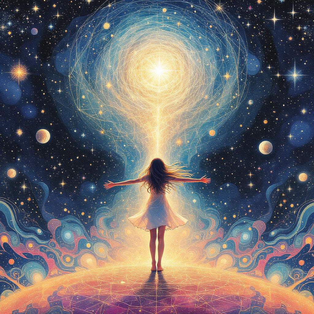 A figure in a flowing dress stands with arms outstretched in a cosmic landscape, illuminated by a radiant light, embodying the quest for purpose in human existence.