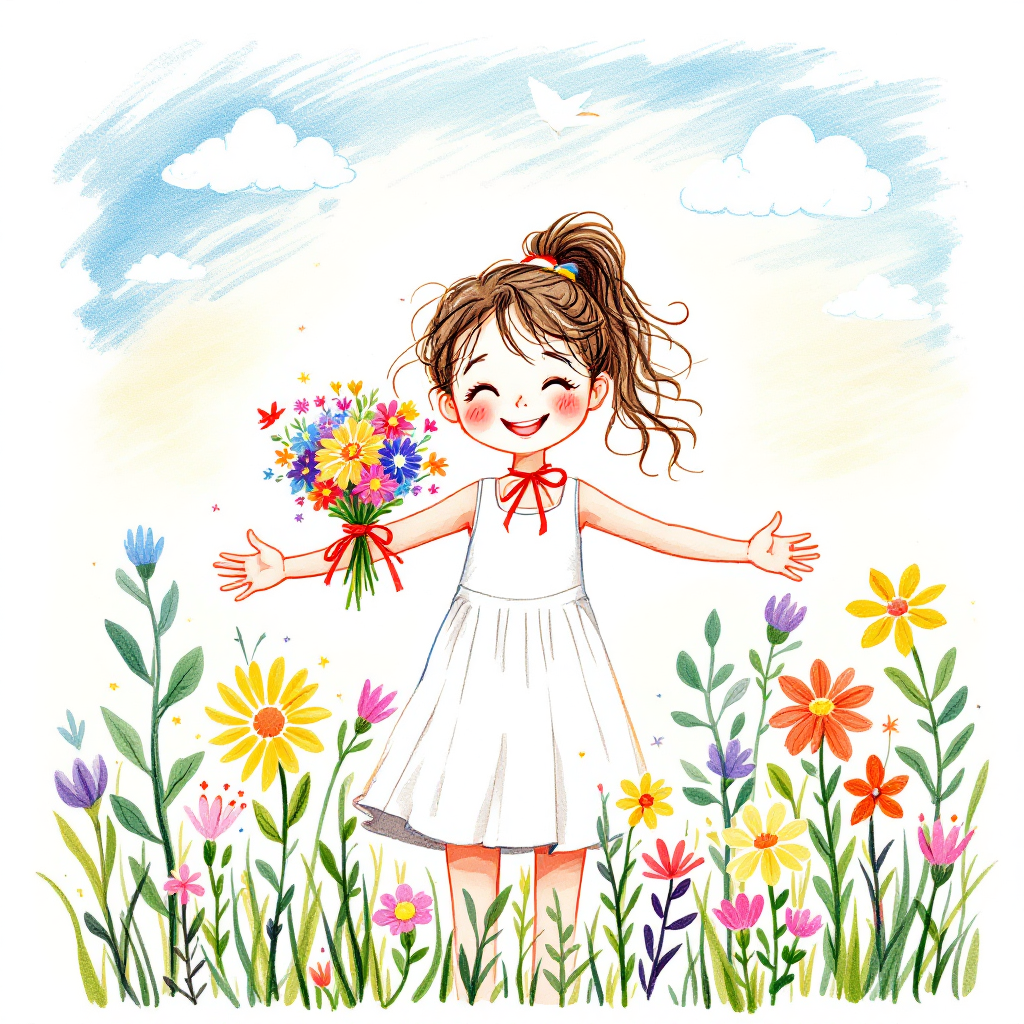 A joyful girl in a white dress stands amidst vibrant flowers, smiling and holding a bouquet, embodying the idea that true happiness comes with freedom.