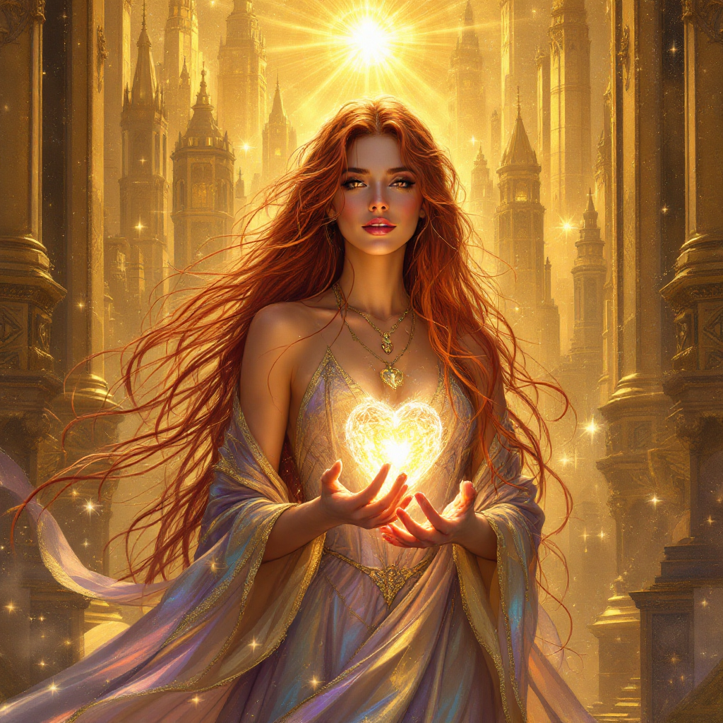 A radiant woman holds a glowing heart in her hands, surrounded by opulent architecture and warm light, embodying the quote's message about inner treasures shining amid greed.