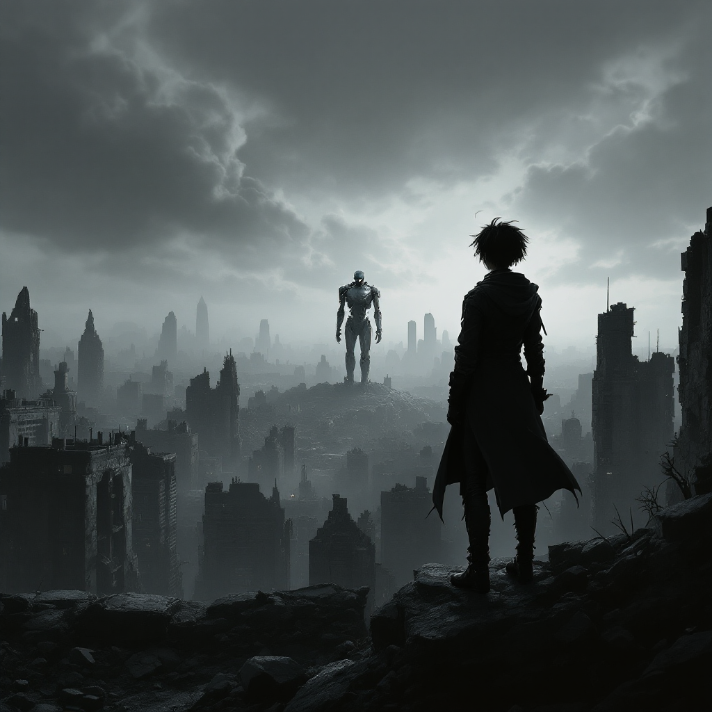 A silhouetted figure stands on a desolate cityscape, gazing at a towering robot against a dark, ominous sky, embodying the despair of inaction in a broken world.