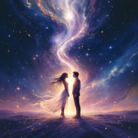 A cosmic scene depicts two figures standing close together, with a vibrant swirl of stars and colors merging above them, symbolizing a friendship that transcends distance.