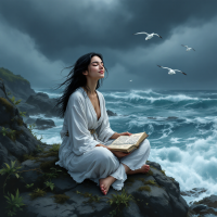 A serene woman in a white robe sits on rocky shores, reading a book as turbulent waves crash around her, embodying the quest for inner peace amidst chaos.