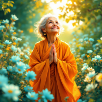 An elderly woman in an orange robe stands amidst blooming flowers, gazing upward with joy, embodying hope and the sentiment of Baba's words: There is a way to be good again.