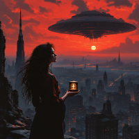 A silhouetted woman stands on a cityscape at sunset, holding a lantern. An ominous UFO hovers above, evoking the complexities of love—its beauty and destructive power.