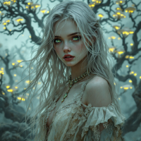 A young woman with long, tousled silver hair gazes intently, her striking green eyes illuminated against a mystical backdrop of dark trees and glowing orbs.