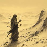 A cloaked figure stands on a sandy dune, holding a steaming cup of tea, gazing into an endless desert landscape, embodying the longing expressed in the quote about tea and books.