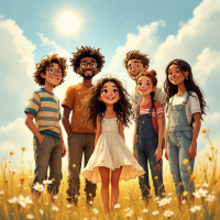 A group of six diverse friends stands together in a sunlit field of flowers, embodying the spirit of choice and connection, reflecting the quote about choosing friends over parents.