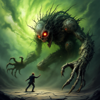 A towering, monstrous figure with glowing red eyes and twisted branches looms over a small, silhouetted person, embodying the menacing passage of time, as suggested by the quote.