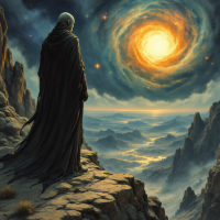 A cloaked figure stands atop a rocky ledge, gazing at a swirling cosmos filled with a bright, glowing orb, symbolizing the powerful essence of truth amidst the vastness of the universe.