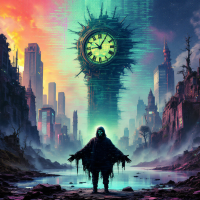 A hooded figure stands in a desolate landscape, facing a towering, surreal clock, symbolizing the tension between self-destruction and the hope for redemption.