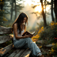 A young woman in casual attire sits on a wooden bench, reading a book amidst a serene forest. Gentle sunlight filters through trees, creating a reflective atmosphere that echoes the quote about pain and suffering.