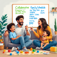 A happy family sits together on the floor, discussing a colorful family schedule on a whiteboard, surrounded by toys, highlighting collaboration in family planning and parenting.